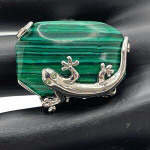 Vintage Tocara Signed Malachite Chunky Stone Ring with Lizard Gecko Big Green